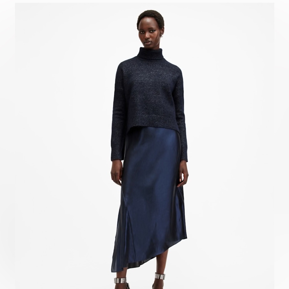 All Saints Amos 2-In-1 Satin Maxi Dress S . Navy sparkle blue